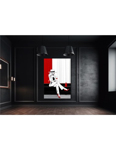 Minimalist representation of a woman having a drink in black and red tones