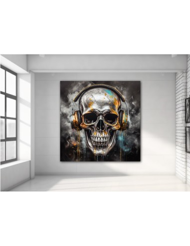 Painting representing a skull listening to music with headphones